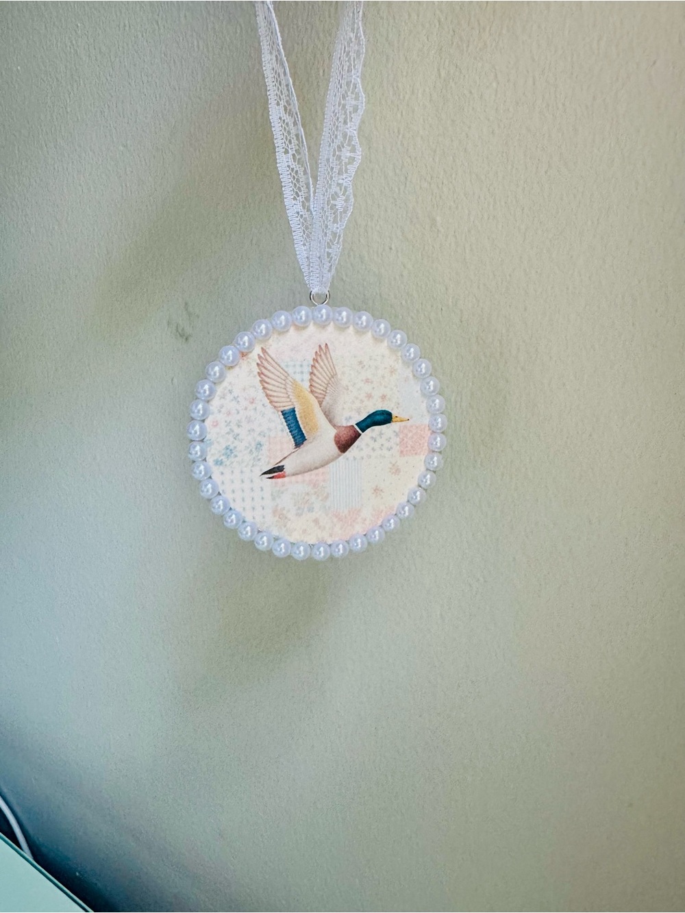 Handmade Mallard Duck Wall Hanging - White Pearl Trim
